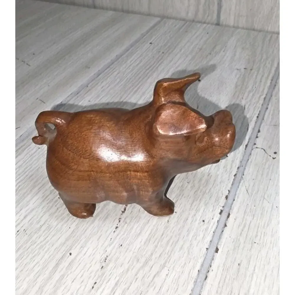 Vtg 1993 Wood Hand Carved Pig Figurine Artist Signed Farm Animal Whimsy Cute